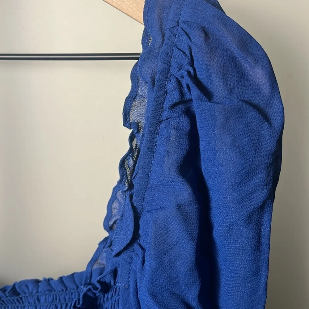 Reformation Royal Blue Smocked Long Sleeve Blouse